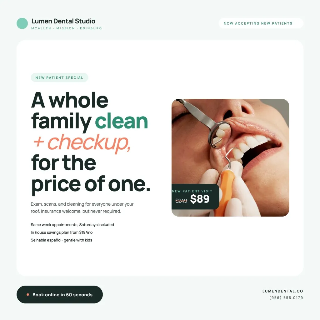 Dental ad for Lumen Dental Studio promoting new patient visits and family appointments