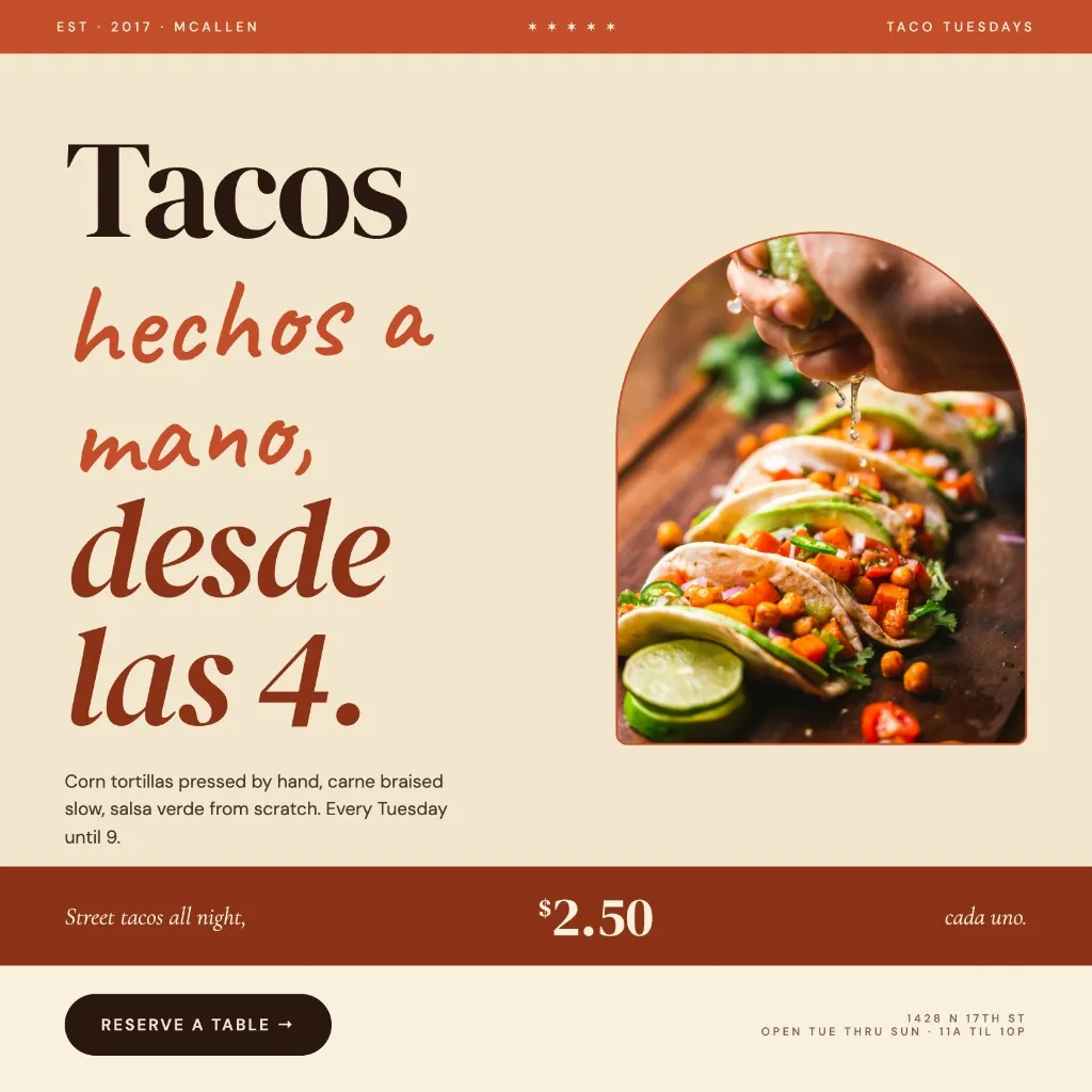 Restaurant ad for Casa Verde Cocina featuring handmade tacos and street taco promotion